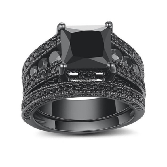 💎 18K BLACK SAPPHIRE DIAMOND STERLING SILVER RING - Picture 5 of 9